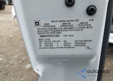 2000 Chevrolet Silverado 1500 Ls z USA, uszkodzony, nr VIN 1GCEC14T2YZ113267